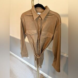 Tan Faux Suede Shacket with Tie Waist